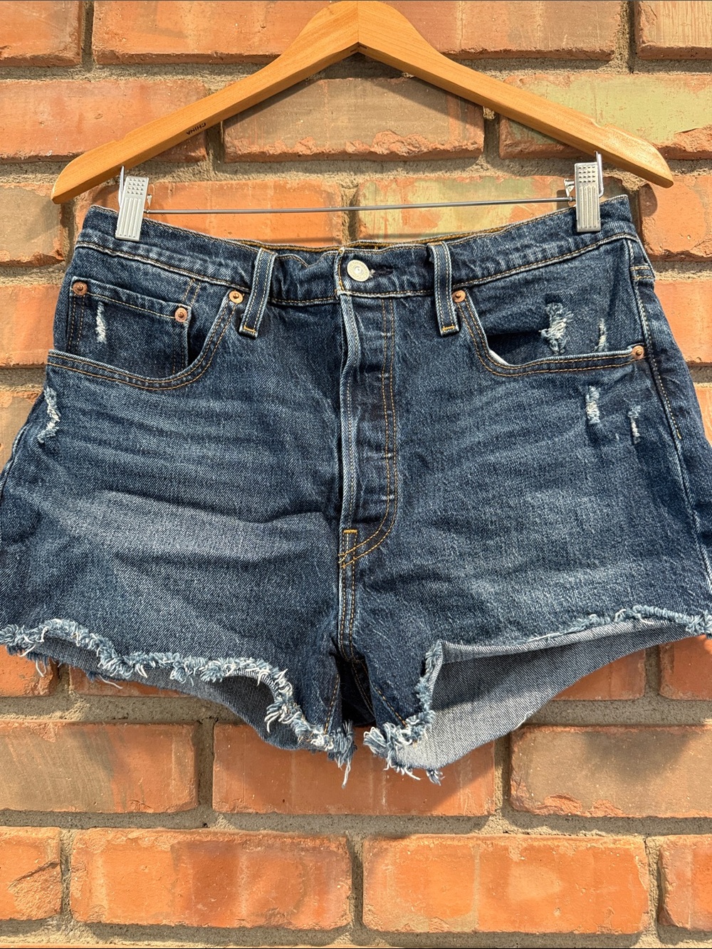Levi's Distressed Dark Blue Cutoff Denim Shorts